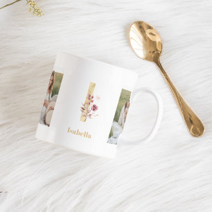 Moderne Gold-Blumen-Initiale I Zweifoto-Monogram Kaffeetasse