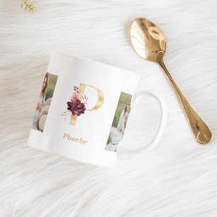 Moderne Gold-Blumen-Initiale P Zweifoto-Monogram Kaffeetasse
