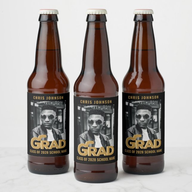 Moderne Gold Bold Typografy Foto Graduation Party Bierflaschenetikett (Flaschen)