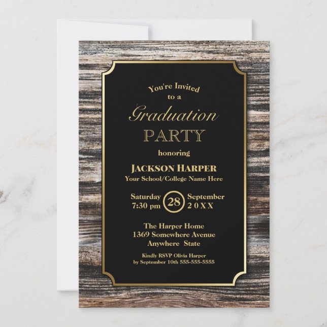 Moderne Gold Border Wood Graduation Party Einladung (Vorderseite)