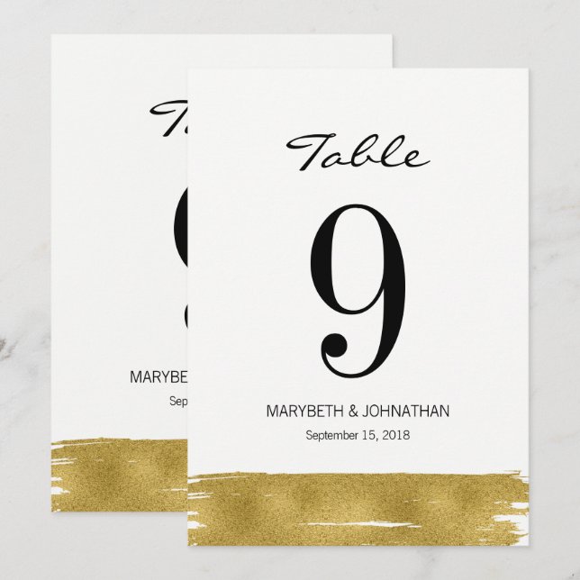 Moderne Gold Brushstroke Wedding Tischnummer Card (Vorne/Hinten)