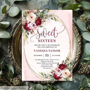 Moderne Gold-Burgunder-Blumen-Sweet-Sixteen-Karte Einladung