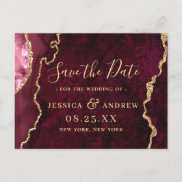 Moderne Gold Burgundy Agate Wedding speichern das Postkarte