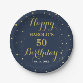 Moderne Gold Confetti Navy 50. Überraschung Geburt Pappteller