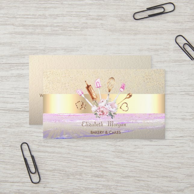 Moderne Gold Confetti, Streifen, Bäckereiwerkzeuge Visitenkarte (Vorderseite/Rückseite Beispiel)