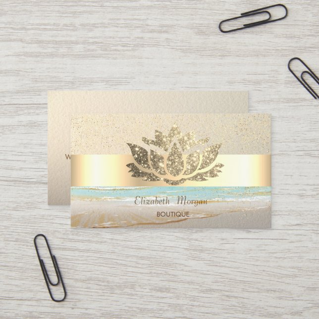 Moderne Gold Confetti, Streifen, Blau, Lotus Visitenkarte (Vorderseite/Rückseite Beispiel)