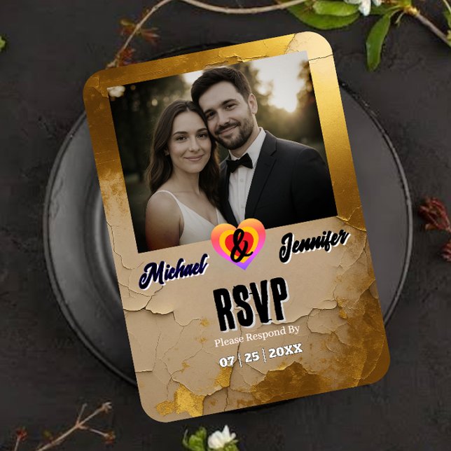 Moderne Gold Cracked Foto Wedding RSVP Card (Von Creator hochgeladen)