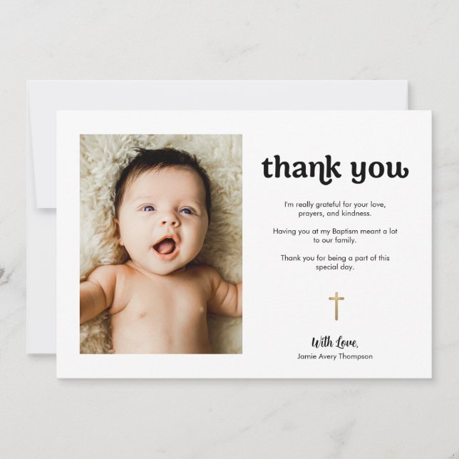 Moderne Gold Cross Baby Foto Taufe Dankeskarte (Vorderseite)