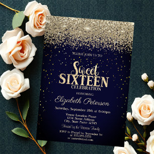 Moderne Gold-Diamanten Konfetti Blau Sweet 16 Einladung