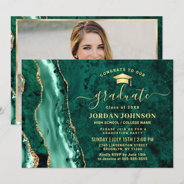 Moderne Gold Emerald Green Marble Graduation Party Einladung (Vorne/Hinten)