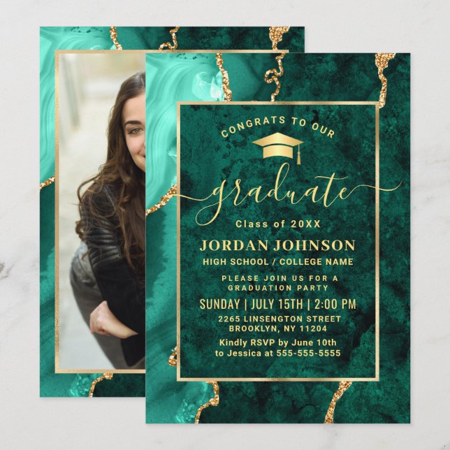 Moderne Gold Emerald Green Marble Graduation Party Einladung (Vorne/Hinten)
