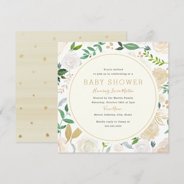 Moderne Gold Floral Baby Dusche Einladung (Vorne/Hinten)