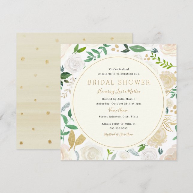 Moderne Gold Floral Bridal Dusche Einladung (Vorne/Hinten)