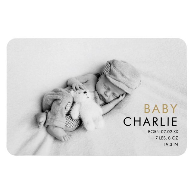Moderne Gold Foto Baby Birth Ankündigung Magnet (Horizontal)