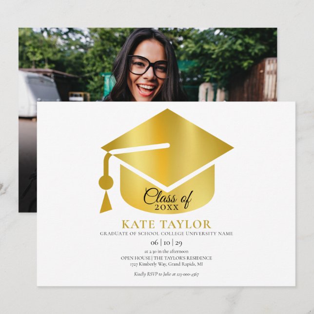 Moderne Gold Foto Graduation Party Einladung (Vorne/Hinten)