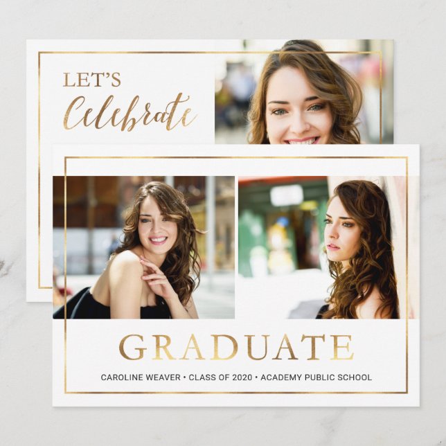 Moderne Gold Frame Foto Collage Graduation Party Einladung (Vorne/Hinten)