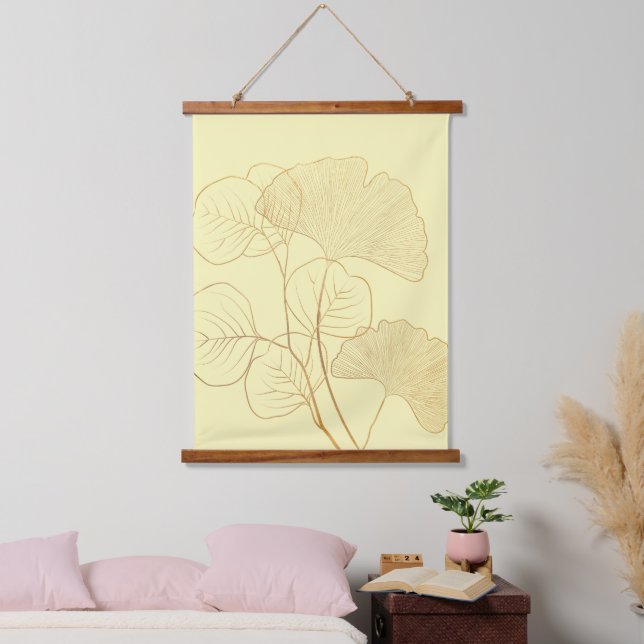 Moderne Gold Gingko-Blätter Wandteppich Mit Holzrahmen (Schlafzimmer)