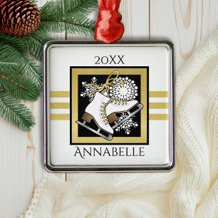 Moderne Gold Glitter Schwarz Weiß Eislaufen Ornament Aus Metall