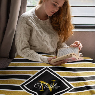 Moderne Gold-Glitter Schwarz-Weiß-Streifen Monogra Fleecedecke