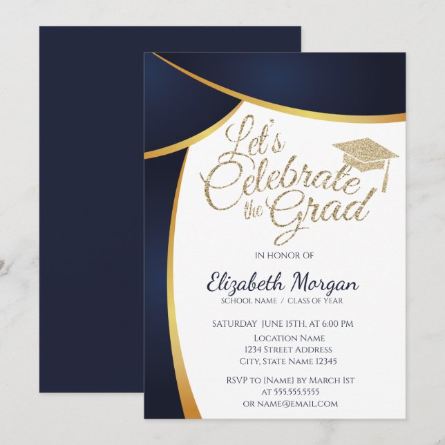 Moderne Gold Glitzer Graduation Cap,Blue Abschluss Einladung (Vorne/Hinten)
