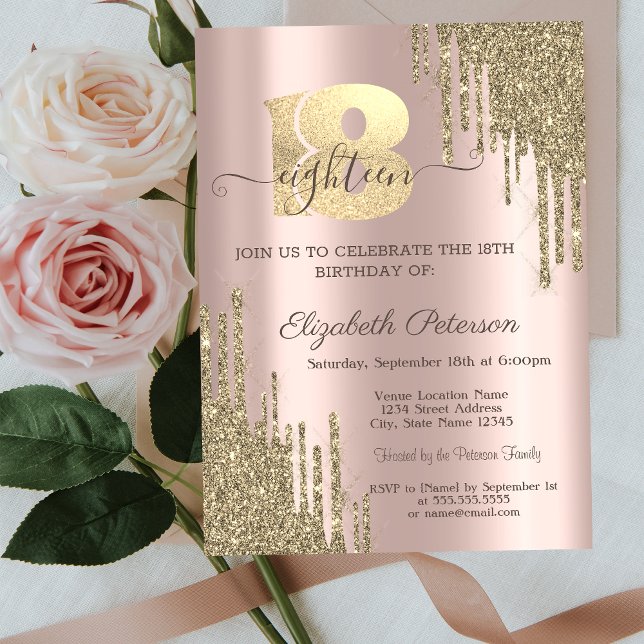 Moderne Gold Glitzer Tropfen Rose Gold 18. Geburts Einladung (Von Creator hochgeladen)