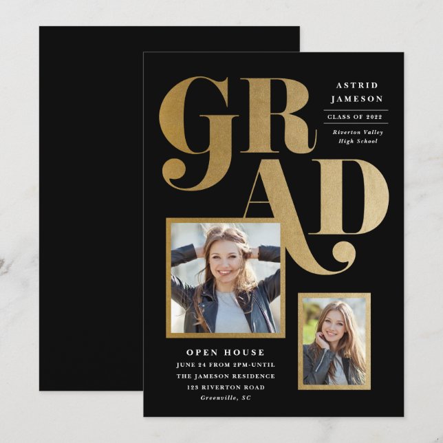 Moderne Gold Grad Foto Graduation Party Einladung (Vorne/Hinten)