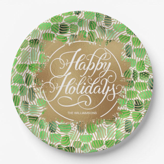 Moderne Gold Imitate Foil Happy Holidays Green Pappteller (Vorderseite)