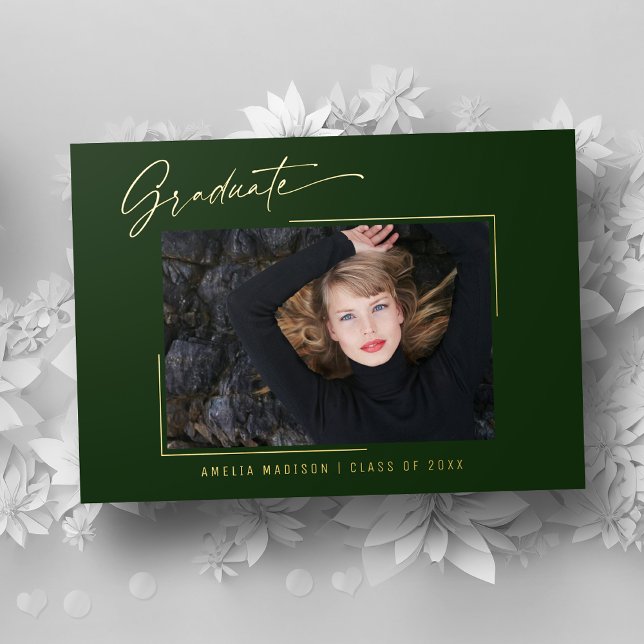 Moderne Gold Ink Script Emerald Foto Grad Card Folieneinladung (Von Creator hochgeladen)