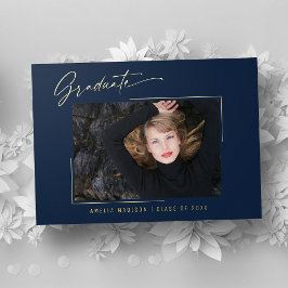 Moderne Gold Ink Script Navy Blue Foto Grad Card Folieneinladung