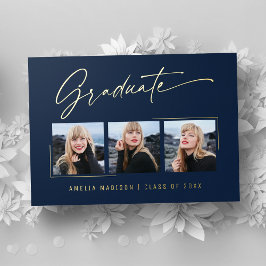 Moderne Gold Ink Script Navy Blue Grad Foto Card Folieneinladung