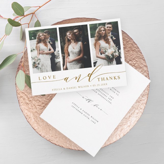 Moderne Gold Liebe und Dank 3 Foto Hochzeit Dankeskarte (Von Creator hochgeladen)