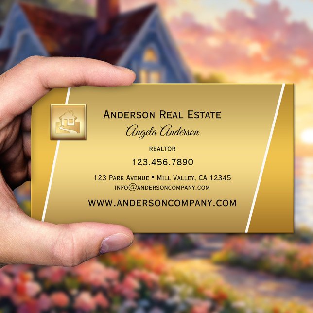 Moderne Gold Logo Beruflich Realtor Businesscard Visitenkarte (Business card showing your logo on a modern gold background - real estate agency - housing - realtor)