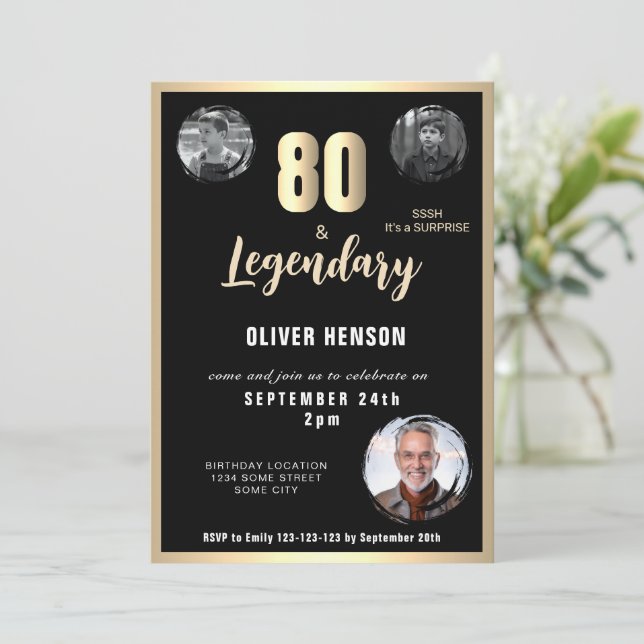 Moderne Gold Metallic Überraschung 80. Geburtstag Einladung (Stehend Vorderseite)