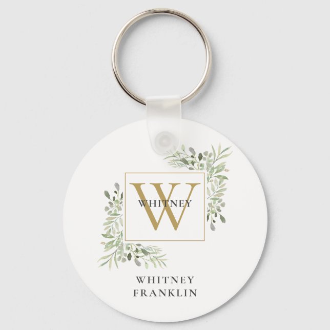 Moderne Gold Monogram Elegant Greenery Schlüsselanhänger (Vorderseite)