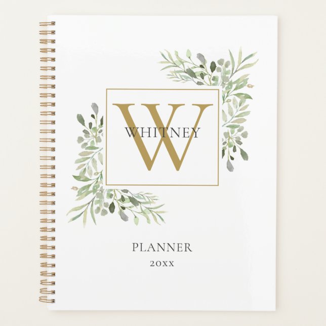 Moderne Gold Monogram Greenery 2023 Planer (Vorderseite)