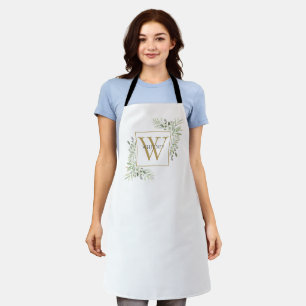 Moderne Gold-Monogramm-Grünpflanzen-Blumen-Elegant Schürze