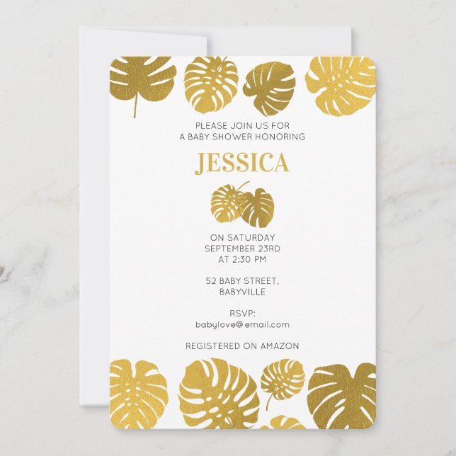 Moderne Gold Monstera Blätter Kinderdusche Einladung (Vorderseite)