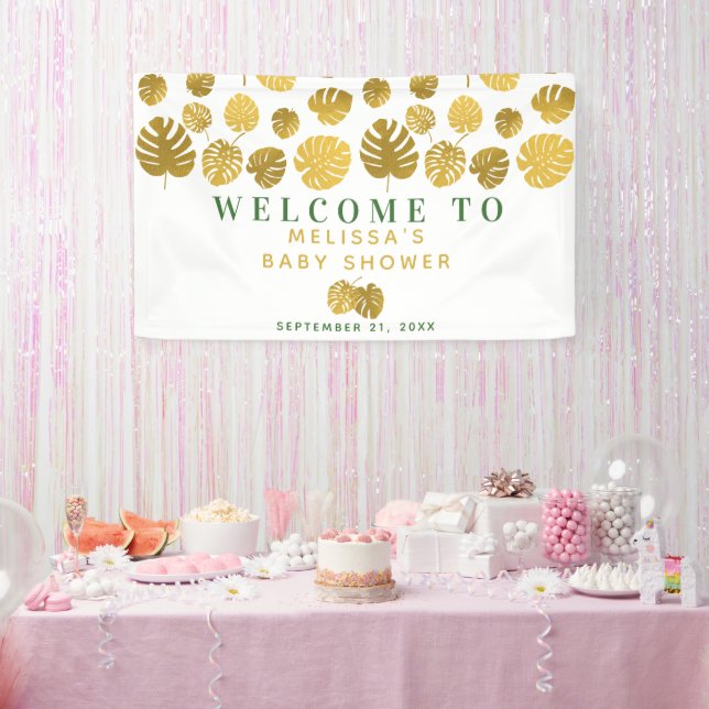 Moderne Gold Monstera Blätter Kinderdusche Willkom Banner (Party)