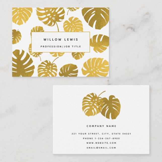 Moderne Gold Monstera Tropische Blätter Beruflich Visitenkarte (Vorne/Hinten)