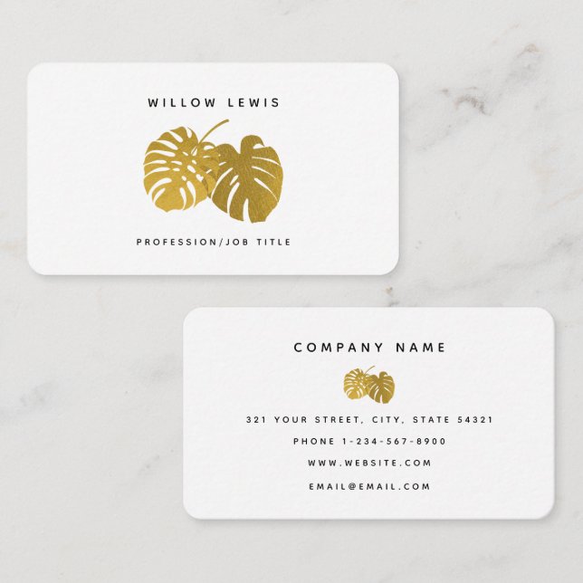 Moderne Gold Monstera Tropische Blätter Minimalist Visitenkarte (Vorne/Hinten)