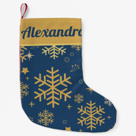 Moderne Gold Navy Frohe Weihnachts Winter Snowflak Kleiner Weihnachtsstrumpf