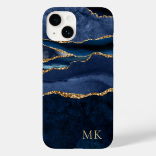 Moderne Gold & Navy Marble Agate Monogram Case Mat
