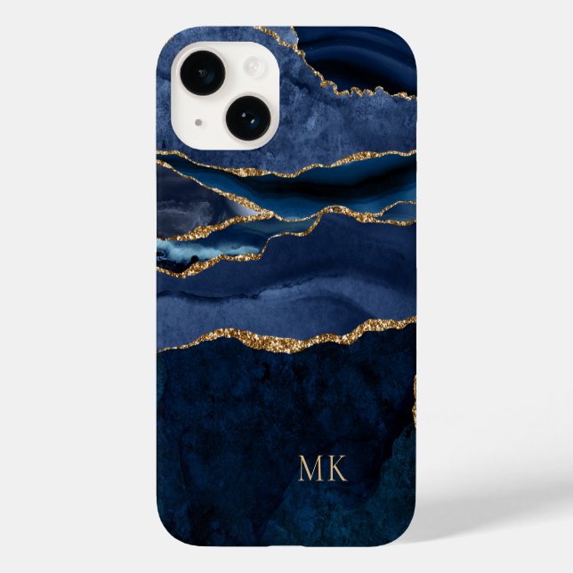 Moderne Gold & Navy Marble Agate Monogram Case Mat (Rückseite)