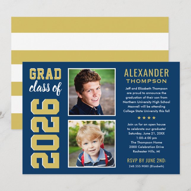Moderne Gold Navy Zwei Foto Graduation Party Einladung (Vorne/Hinten)