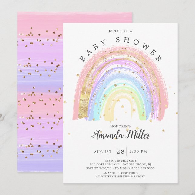 Moderne Gold Pink Rainbow Baby Dusche Einladung (Vorne/Hinten)