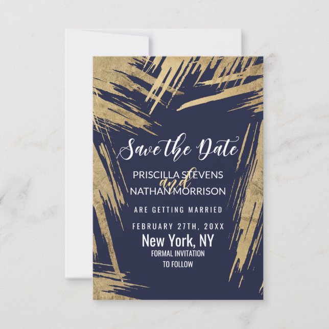 Moderne Gold Pinselstriche Navy Blue Chic Save The Date (Vorderseite)