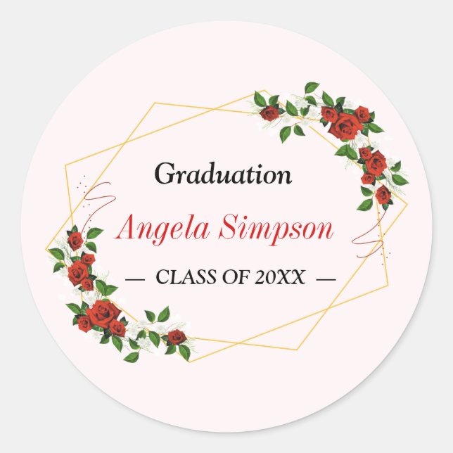 Moderne Gold Red Floral Abschluss Graduate Class Runder Aufkleber (Vorderseite)
