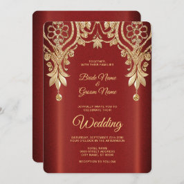 Moderne Gold Red Floral Wedding Einladung