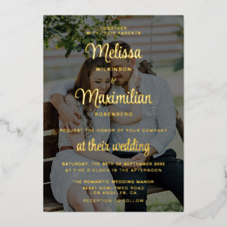 Moderne Gold-Schrift 2 Fotos Hochzeit Folien-Einla Folieneinladung