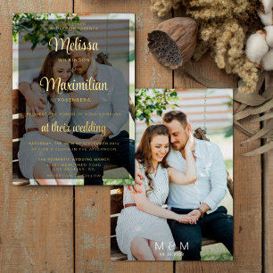 Moderne Gold-Schrift 2 Fotos Hochzeit Folieneinladung